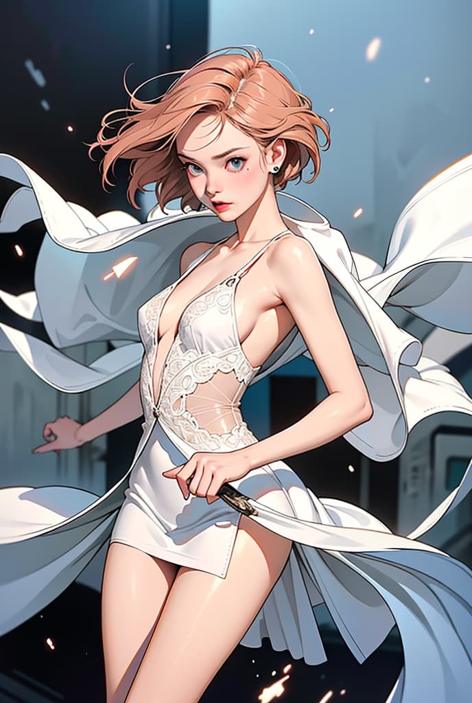  1 Russia , slim body, best anatomy, ocean eyes, cut short hair, rose gold hair , small , white lace dress, back dress open, white outfit, dress torn, tabi shoes, holster thigh acrylic painting, heavy snow falling in foreground, windy, chaos snow falling messy background, sci-fi background, rotated, moved background, sci-fi movie, evening, low light, complex composition, evening sunset fighting, prying, dynamic action shot, sci-fi weapons, holding blade, action movie pose, cowboy shot official art, explode, ultra detailed, beautiful and aesthetic, beautiful, hyperrealistic, fantasy, surrealist, masterpiece, best quality, zentangle, mandala, tangle, entangle, vivid colors, romanticism, by james jean, roby dwi antono, 