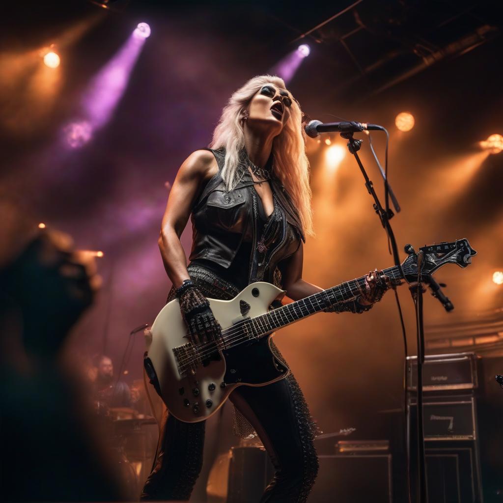  A female trash metal band is playing on stage. Guitarist. Bassist. hyperrealistic, full body, detailed clothing, highly detailed, cinematic lighting, stunningly beautiful, intricate, sharp focus, f/1. 8, 85mm, (centered image composition), (professionally color graded), ((bright soft diffused light)), volumetric fog, trending on instagram, trending on tumblr, HDR 4K, 8K