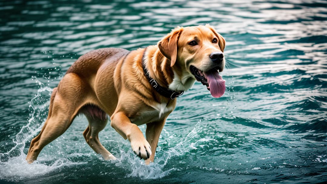  realistic image of a lab dog swimming hyperrealistic, full body, detailed clothing, highly detailed, cinematic lighting, stunningly beautiful, intricate, sharp focus, f/1. 8, 85mm, (centered image composition), (professionally color graded), ((bright soft diffused light)), volumetric fog, trending on instagram, trending on tumblr, HDR 4K, 8K