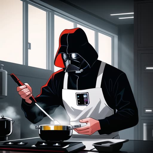  darth vader cooking tofu and vegetables at a modern and futuristic imperial kitchen, photography, cooking book cover style, --v 6, Comic art, high quality, highly detailed, intricate, sharp focus, (centered image composition), (professionally color graded), ((western omit style)), volumetric fog, trending on instagram, HDR 4K, 8K