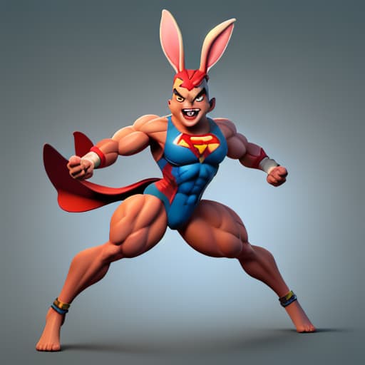  A funny rabbit as a superhero character with a very crazy, funny face and muscles And funny, cute, radiant feet.