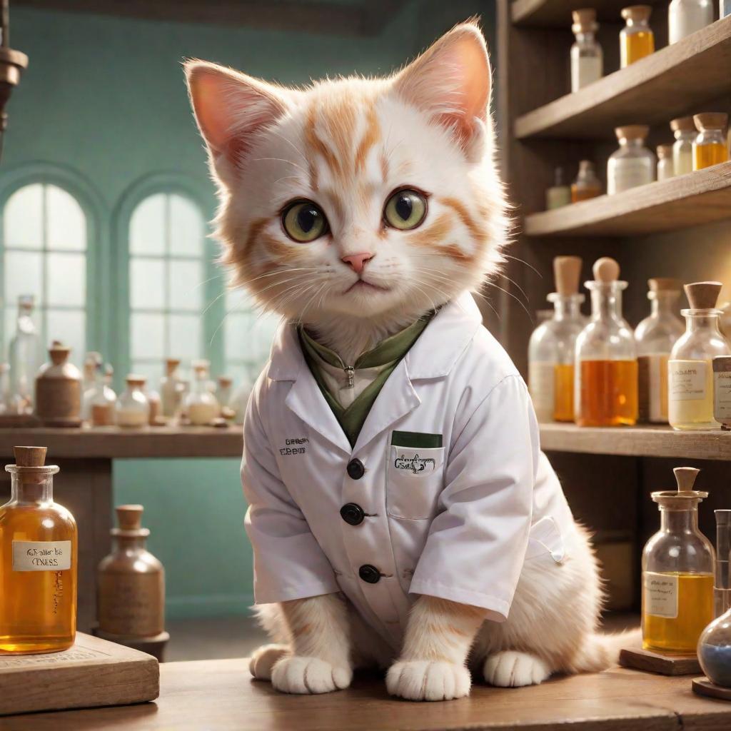  medium shot, Kitten Cheeseville, Soft Alchemical Glow, Curious and Inquisitive, Tiny and Nimble, Whiskers and Bright Eyes, Scientific Lab Coat with a Pocket Protector, Alchemical Laboratory with Potion filled Shelves, Chemist and Alchemist in the Mouse Lab