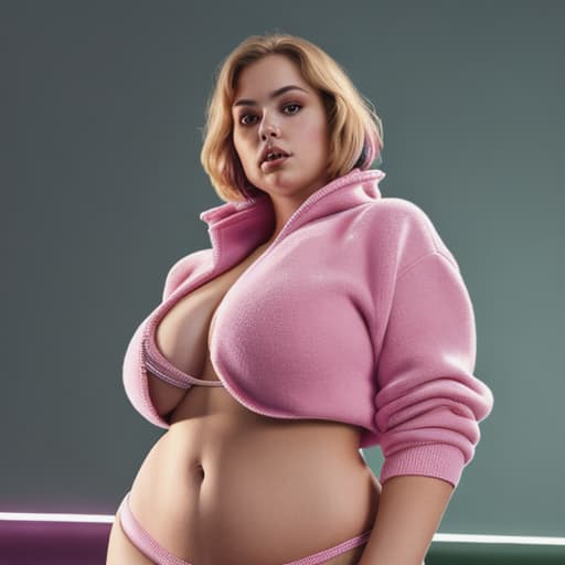  The curvy stripper of high growth stands on the podium. A short pullover is wearing a naked body. She looks at the camera lens. Soft colorful lighting, all palette of colors, smart clarity and contrast, ultra complex detail, high quality, romantic elegant portrait, photorealism.