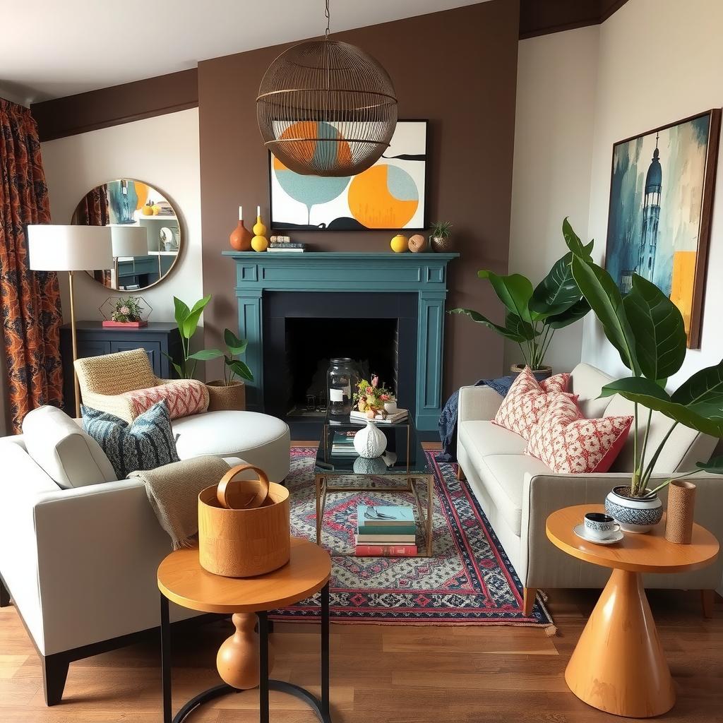  stylish boho living room featuring a blend of contemporary furniture with traditional embellishments, vibrant patterned textiles, abstract wall art, and earthy tones. include indoor plants and cozy seating arrangements to evoke a relaxed yet modern vibe.,