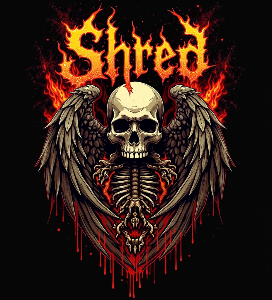  good quality, high quality, death metal shirt design. there are designs related to metal music. fire and abstract shapes. organs are strewn about. the letters "shred on top of the design