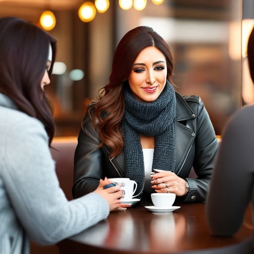  Friends are chatting in a cafe on a winter day hyperrealistic, full body, detailed clothing, highly detailed, cinematic lighting, stunningly beautiful, intricate, sharp focus, f/1. 8, 85mm, (centered image composition), (professionally color graded), ((bright soft diffused light)), volumetric fog, trending on instagram, trending on tumblr, HDR 4K, 8K