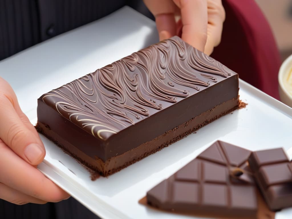  An ultradetailed closeup image of a hand delicately unwrapping a shiny, artisanal chocolate beantobar, revealing intricate swirls and patterns on the bar's surface. The focus is on the texture and quality of the chocolate, with soft lighting enhancing the elegance of the moment. The background is blurred to keep the attention solely on the luxurious chocolate bar being unveiled, creating a captivating and sophisticated visual for the article. hyperrealistic, full body, detailed clothing, highly detailed, cinematic lighting, stunningly beautiful, intricate, sharp focus, f/1. 8, 85mm, (centered image composition), (professionally color graded), ((bright soft diffused light)), volumetric fog, trending on instagram, trending on tumblr, HDR 4K, 8K