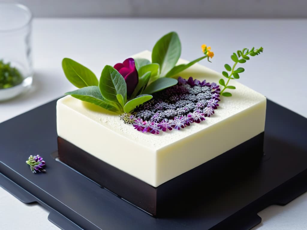  An ultradetailed closeup image of a meticulously crafted, monochromatic dessert masterpiece featuring delicate layers of frosted glasslike geometric shapes, adorned with microgreens and edible flowers, set on a sleek, matte black plate with subtle reflections, exuding an aura of precision and sophistication in its minimalist design. hyperrealistic, full body, detailed clothing, highly detailed, cinematic lighting, stunningly beautiful, intricate, sharp focus, f/1. 8, 85mm, (centered image composition), (professionally color graded), ((bright soft diffused light)), volumetric fog, trending on instagram, trending on tumblr, HDR 4K, 8K