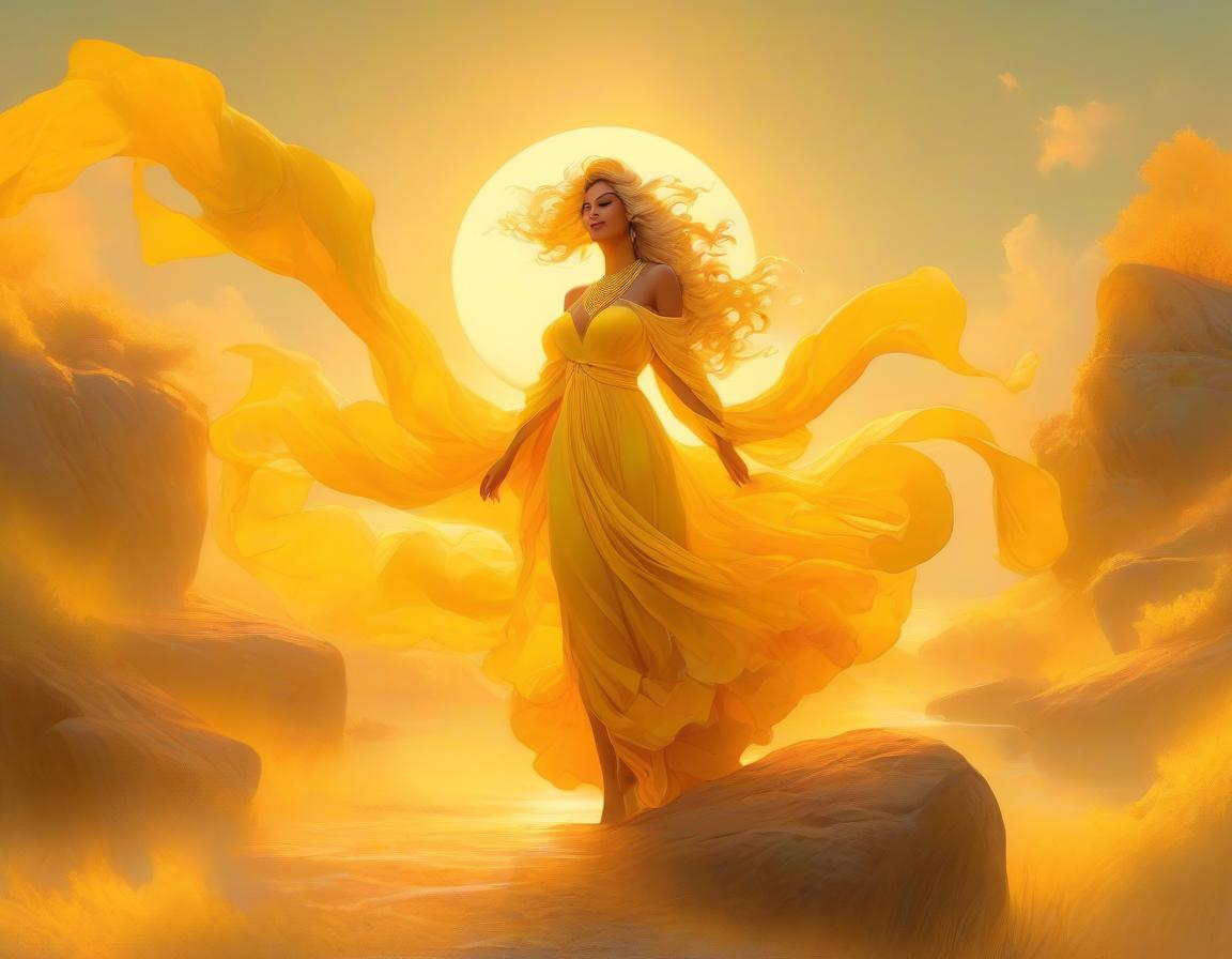  role playing game (RPG) style fantasy A painting of a woman in a flowing yellow dress reclining on rocks with a sunset over a body of water in the background. . detailed, vibrant, immersive, reminiscent of high fantasy RPG games hyperrealistic, full body, detailed clothing, highly detailed, cinematic lighting, stunningly beautiful, intricate, sharp focus, f/1. 8, 85mm, (centered image composition), (professionally color graded), ((bright soft diffused light)), volumetric fog, trending on instagram, trending on tumblr, HDR 4K, 8K