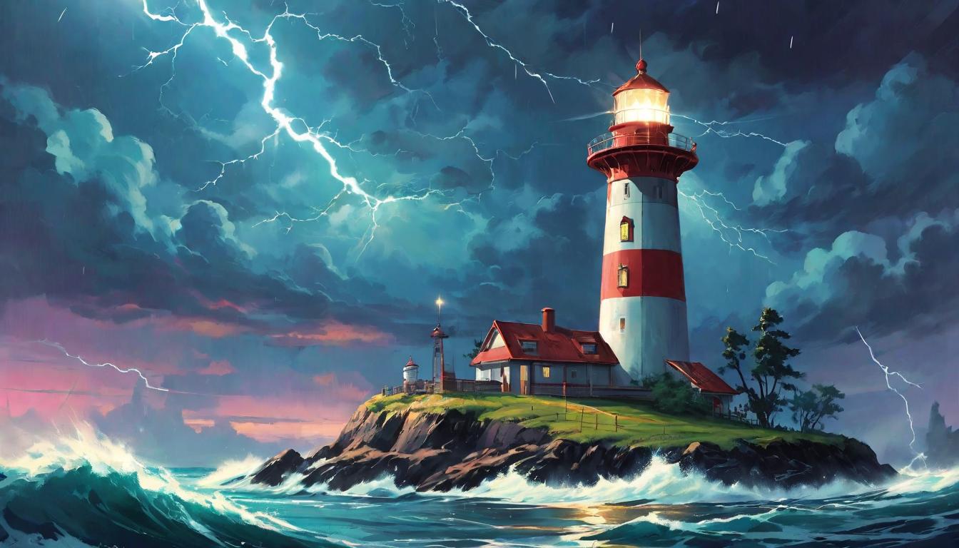  retro futuristic Lighthouse during a storm, guiding light, safety and calm, stable foundation, beacon lvintage sci fi, 50s and 60s style, atomic age, vibrant, highly detailed