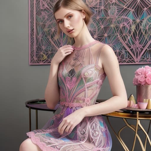  Beautiful Alica Schmidt (transparent lace multi colored pastel dress with visible)(pink cheeks)(shadow lighting)(Superrealism)(Foreground: open box of fine dark chocolates on a small serving table)(Background artdeco mansion)(gold scrollwork)(delicate hands and fingers)