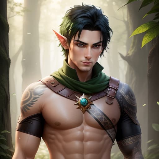  male half-elf ranger with short black hair and light green eyes and tattoos , hyperrealistic, high quality, highly detailed, perfect lighting, intricate, sharp focus, f/1. 8, 85mm, (centered image composition), (professionally color graded), ((bright soft diffused light)), trending on instagram, HDR 4K, 8K