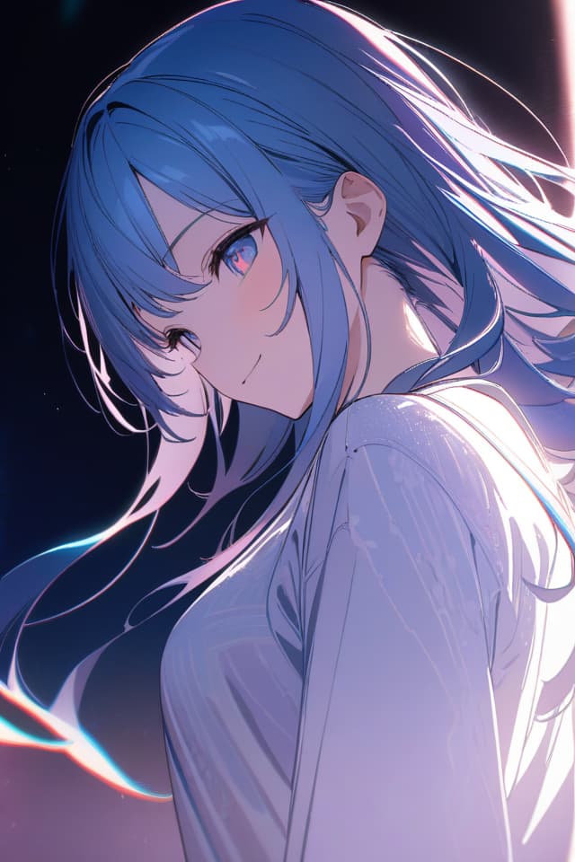  a beautiful blue haired girl,long messy hair,ultra detailed,best shadow,beautiful detailed deep rainbow eyes,cute and beautiful face,shy smile,white shirt,upper body view,colorful,(masterpiece:1.2),(best quality:1.2),detailed background,high contrast,(best illumination,an extremely delicate and beautiful),((cinematic light)),hyper detail,dramatic light,intricate details,8k,anime,very aesthetic,, masterpiece, best quality,8k,ultra detailed,high resolution,an extremely delicate and beautiful,hyper detail