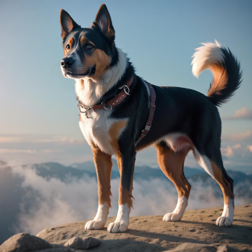  Create a image of dog hyperrealistic, full body, detailed clothing, highly detailed, cinematic lighting, stunningly beautiful, intricate, sharp focus, f/1. 8, 85mm, (centered image composition), (professionally color graded), ((bright soft diffused light)), volumetric fog, trending on instagram, trending on tumblr, HDR 4K, 8K