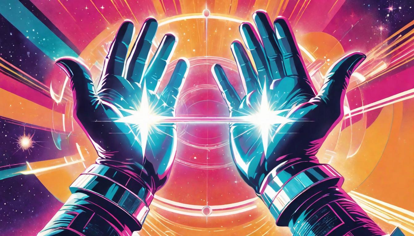  retro futuristic Two hands (metaphorical, not actual hands) holding an invisible barrier, shimmering with energy, encircling a tranquil space, symbol of personal sovereignty, protective, empowering lvintage sci fi, 50s and 60s style, atomic age, vibrant, highly detailed