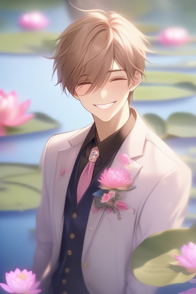  Masterpiece,(((a male))),delicate light brown hair color,short hair,(((archaic smile))),delicate face,(((larynx))),(((pink Water lilies flowers))),high quality,8K