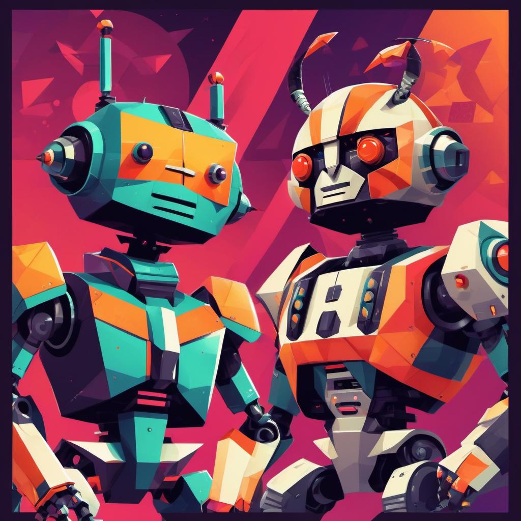  constructivist style Two ugly terrible fighting robots beetles + opposition . geometric shapes, bold colors, dynamic composition, propaganda art style