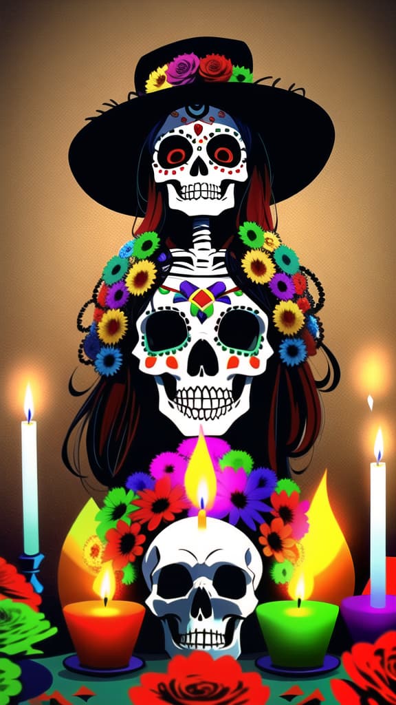  day of the dead, dia de los muertos, (sombrero hat), masterpiece, best quality, skull, (Mexican culture), traditional, celebration, festive, colorful, (Mexican festival paint), flowers, altar, candles, skeleton, spirits, Mexican holiday, vibrant, decorative, papel picado, festive makeup, cultural heritage, folk art, macabre, festive atmosphere