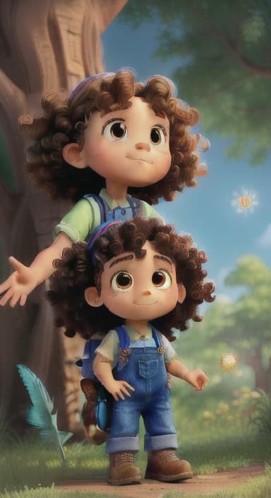  {The tree shining brightly and releasing a gentle, magical light., Riley, a curious with big brown eyes and curly hair, wearing overalls and carrying a small backpack. Their friend, Skye, a bluebird with shiny feathers.