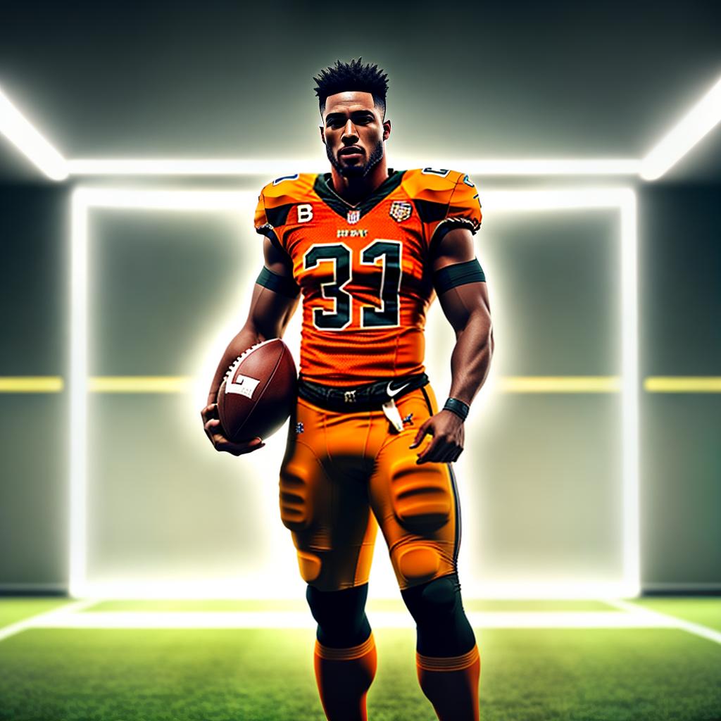  football player hyperrealistic, full body, detailed clothing, highly detailed, cinematic lighting, stunningly beautiful, intricate, sharp focus, f/1. 8, 85mm, (centered image composition), (professionally color graded), ((bright soft diffused light)), volumetric fog, trending on instagram, trending on tumblr, HDR 4K, 8K