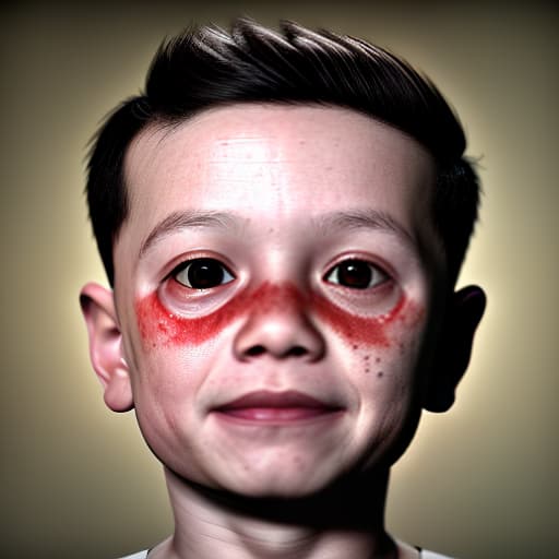 redshift style a child half of his face is smiling and the other half is sadly