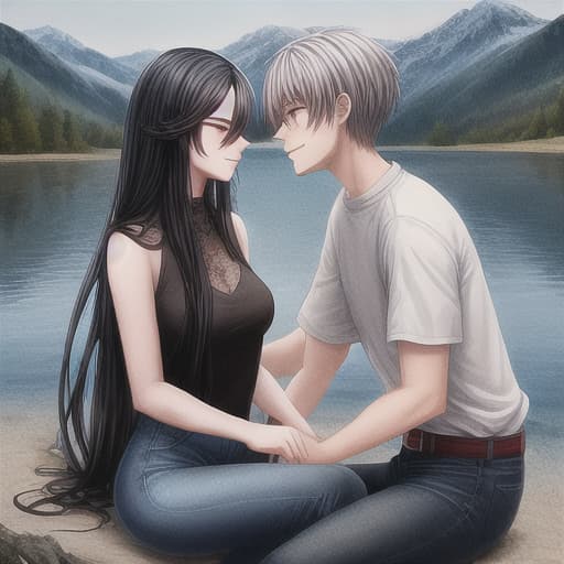  oriental girl with a black long hair wearing the flare dark blue jeans make love and flirting whith a two man near a mountain lake. one girl, two man