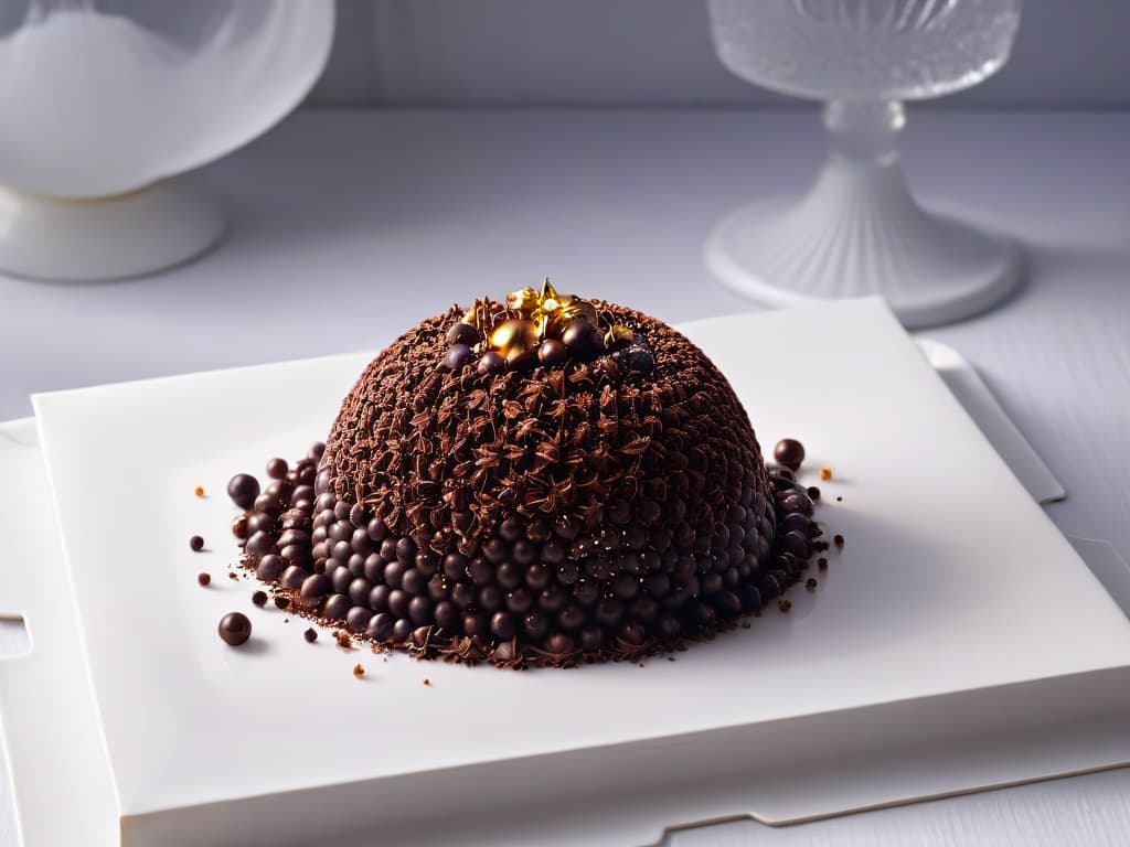  A closeup, ultradetailed image of glossy chocolate spheres in various sizes, resembling caviar beads, elegantly arranged on a sleek white plate. The spheres reflect soft ambient light, showcasing their rich, deep brown color and smooth, shiny surface. Each sphere is perfectly round, with tiny, intricate details visible upon zooming in, creating a visually striking and luxurious aesthetic that highlights the artistry of chocolatemaking. hyperrealistic, full body, detailed clothing, highly detailed, cinematic lighting, stunningly beautiful, intricate, sharp focus, f/1. 8, 85mm, (centered image composition), (professionally color graded), ((bright soft diffused light)), volumetric fog, trending on instagram, trending on tumblr, HDR 4K, 8K