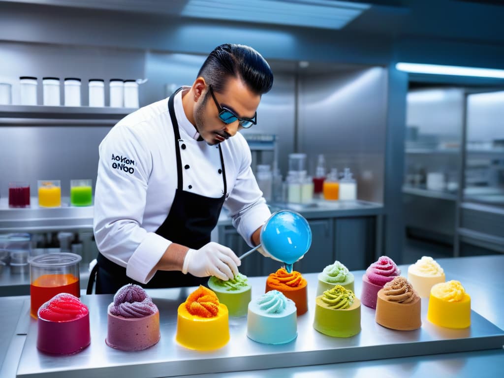  A photorealistic image of a futuristic laboratory setting with advanced molecular gastronomy equipment, showcasing a chef using cuttingedge techniques to create a unique and visually stunning molecular sorbet. The chef is meticulously measuring ingredients with precision instruments, surrounded by containers of colorful liquids and powders, with a sleek modern design aesthetic throughout the laboratory. The image captures the essence of innovation and creativity in molecular gastronomy, emphasizing the process of creating revolutionary sorbets through advanced techniques. hyperrealistic, full body, detailed clothing, highly detailed, cinematic lighting, stunningly beautiful, intricate, sharp focus, f/1. 8, 85mm, (centered image composition), (professionally color graded), ((bright soft diffused light)), volumetric fog, trending on instagram, trending on tumblr, HDR 4K, 8K