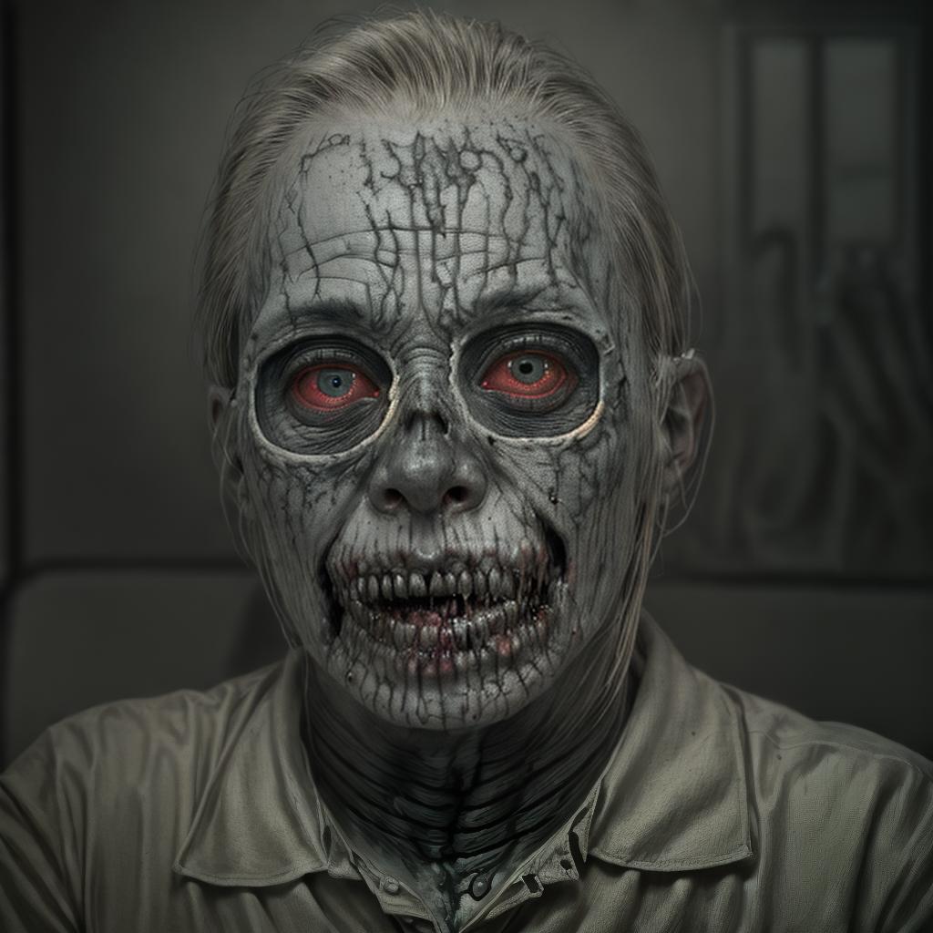  a hyperrealistic portrait of a zombie with decaying skin, exposed bones, and eerie undead eyes, in the style of a high resolution horror movie makeup, dark and moody lighting, 1:1 ar 1:1, high resolution, sharp focus, (perfect image composition), ((masterpiece)), (professionally color graded), ((bright soft diffused light))