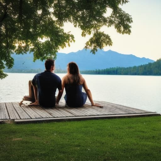  two lovers are sitting on the porch of a fabulous house by the lake shore