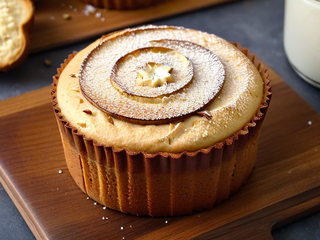  An ultradetailed closeup image of a freshly baked quinoa and almond flour muffin, showcasing its goldenbrown crust speckled with almond slices, a delicate dusting of powdered sugar, and a single quinoa grain elegantly placed on top. The muffin sits on a rustic wooden table, surrounded by scattered quinoa seeds and almond flour, with soft natural light casting gentle shadows, highlighting the texture and intricate details of the muffin's surface. hyperrealistic, full body, detailed clothing, highly detailed, cinematic lighting, stunningly beautiful, intricate, sharp focus, f/1. 8, 85mm, (centered image composition), (professionally color graded), ((bright soft diffused light)), volumetric fog, trending on instagram, trending on tumblr, HDR 4K, 8K