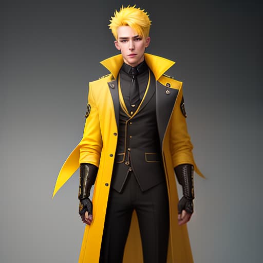  On the image, there is one young man. He is standing up straight. He has yellow hair. He has blue eyes. He is wearing a black long jacket with yellow inserts. hyperrealistic, full body, detailed clothing, highly detailed, cinematic lighting, stunningly beautiful, intricate, sharp focus, f/1. 8, 85mm, (centered image composition), (professionally color graded), ((bright soft diffused light)), volumetric fog, trending on instagram, trending on tumblr, HDR 4K, 8K