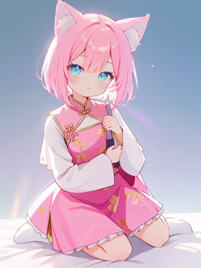  Cat ears, pink hair, china clothing, eye color blue, alone, bob hair, cute, face up, masterpiece, best quality,8k,ultra detailed,high resolution,an extremely delicate and beautiful,hyper detail hyperrealistic, full body, detailed clothing, highly detailed, cinematic lighting, stunningly beautiful, intricate, sharp focus, f/1. 8, 85mm, (centered image composition), (professionally color graded), ((bright soft diffused light)), volumetric fog, trending on instagram, trending on tumblr, HDR 4K, 8K