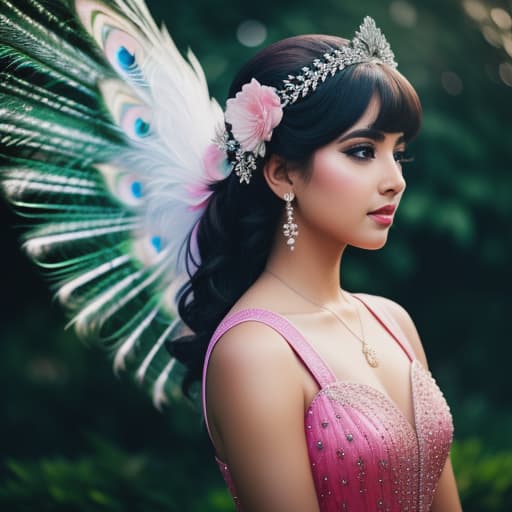  peacock feathers in the girls hair, angel wings, pink. halo, and clouds, hyperrealistic, high quality, highly detailed, cinematic lighting, intricate, sharp focus, f/1. 8, 85mm, (centered image composition), (professionally color graded), ((bright soft diffused light)), volumetric fog, trending on instagram, HDR 4K, 8K