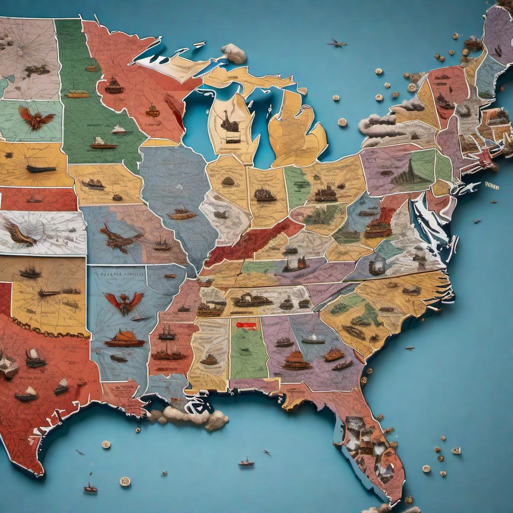  A symbolic image of the United States falling apart. The map of the USA should be shown disintegrating or breaking into multiple pieces. Each fragment can have unique colors and patterns to emphasize the sense of division and turmoil. The image should clearly convey the concept of the country falling apart while keeping the geography recognizable. hyperrealistic, full body, detailed clothing, highly detailed, cinematic lighting, stunningly beautiful, intricate, sharp focus, f/1. 8, 85mm, (centered image composition), (professionally color graded), ((bright soft diffused light)), volumetric fog, trending on instagram, trending on tumblr, HDR 4K, 8K