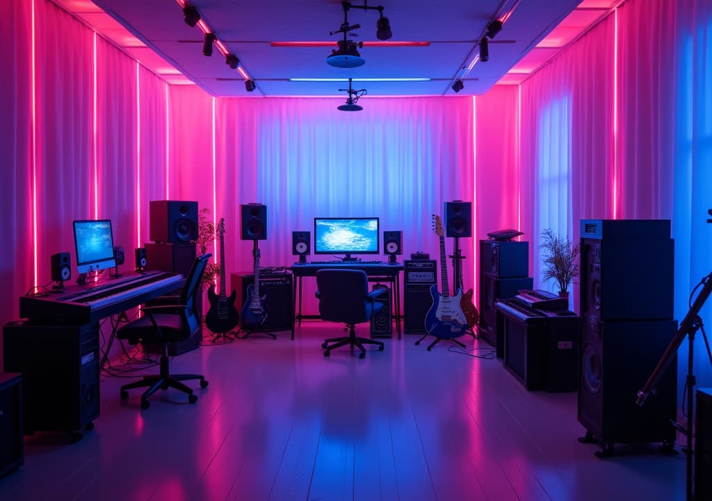  good quality, high quality, a very vivid colored purple pink blue cyan modern music studio with many great looking instruments