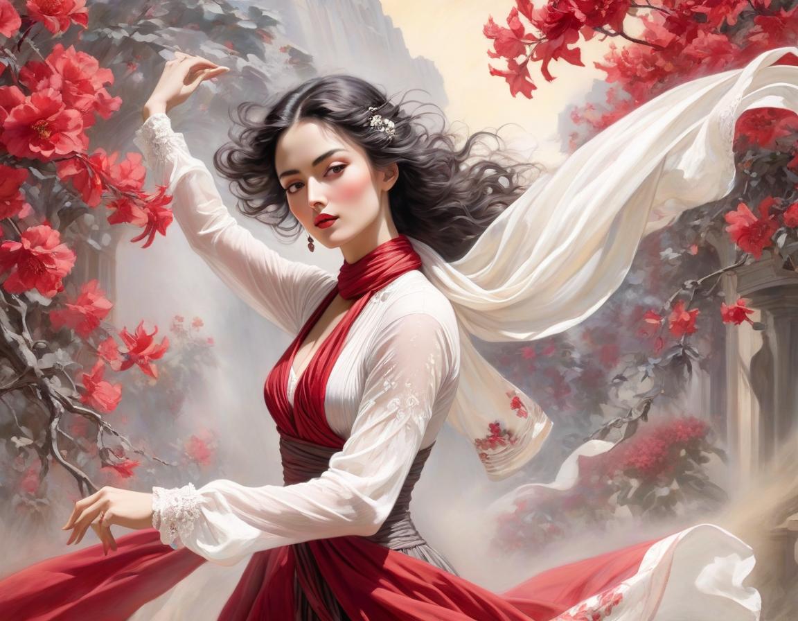  surrealist art depict an spanish woman, dancing, flowing floral scarf, elegant body lining. the backdrop is an ethereal spanish dreamscape of soft tones crimson, red, off white, magenta, grey. highly detailed. magic realism. alchemy. pastels, pen, ink and wash. luis royo, joaquin sorolla, georgia o’keeffe, arthur rackham. highest quality . dreamlike, mysterious, provocative, symbolic, intricate, detailed hyperrealistic, full body, detailed clothing, highly detailed, cinematic lighting, stunningly beautiful, intricate, sharp focus, f/1. 8, 85mm, (centered image composition), (professionally color graded), ((bright soft diffused light)), volumetric fog, trending on instagram, trending on tumblr, HDR 4K, 8K