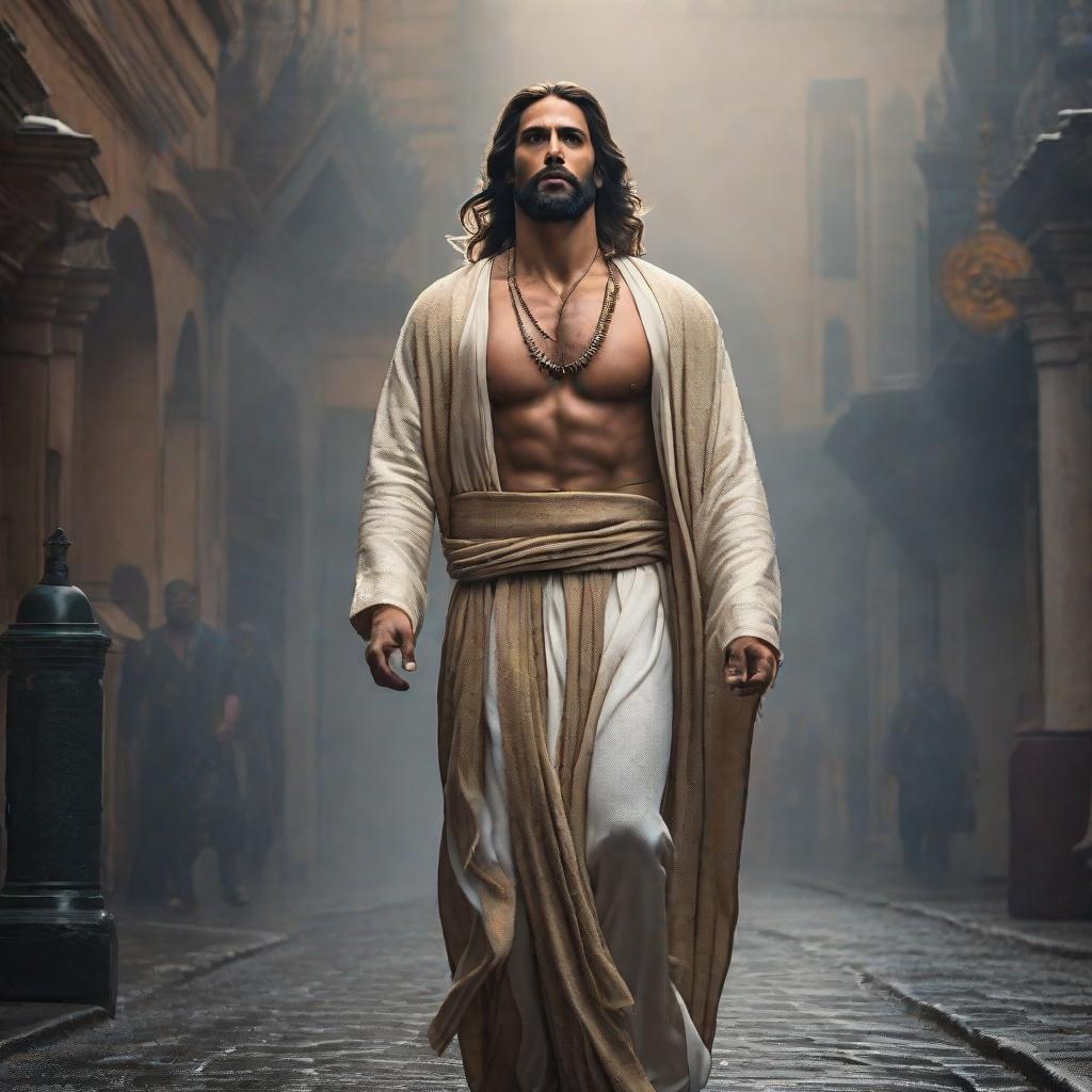  Cara de Jesucristo hyperrealistic, full body, detailed clothing, highly detailed, cinematic lighting, stunningly beautiful, intricate, sharp focus, f/1. 8, 85mm, (centered image composition), (professionally color graded), ((bright soft diffused light)), volumetric fog, trending on instagram, trending on tumblr, HDR 4K, 8K