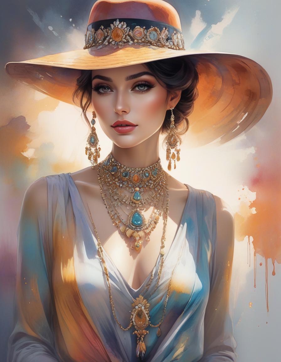  abstract style painting of a woman wearing a hat with a necklace, exquisite digital illustration, elegante pintura digital, linda pintura de persona gem, beautiful digital illustration, estilo de pintura digital, linda pintura digital, linda arte digital, no estilo aquarela, pintura linda, no art style by bowater, a beautiful art illustration, no estilo de aquarela digital, with ink blots and paint running down the screen . non representational, colors and shapes, expression of feelings, imaginative, highly detailed hyperrealistic, full body, detailed clothing, highly detailed, cinematic lighting, stunningly beautiful, intricate, sharp focus, f/1. 8, 85mm, (centered image composition), (professionally color graded), ((bright soft diffused light)), volumetric fog, trending on instagram, trending on tumblr, HDR 4K, 8K