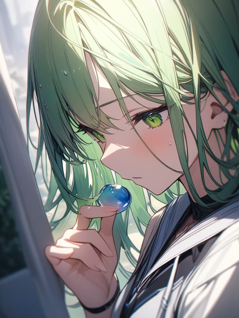  Green hair character in a large droplet drip, masterpiece, best quality,8k,ultra detailed,high resolution,an extremely delicate and beautiful,hyper detail