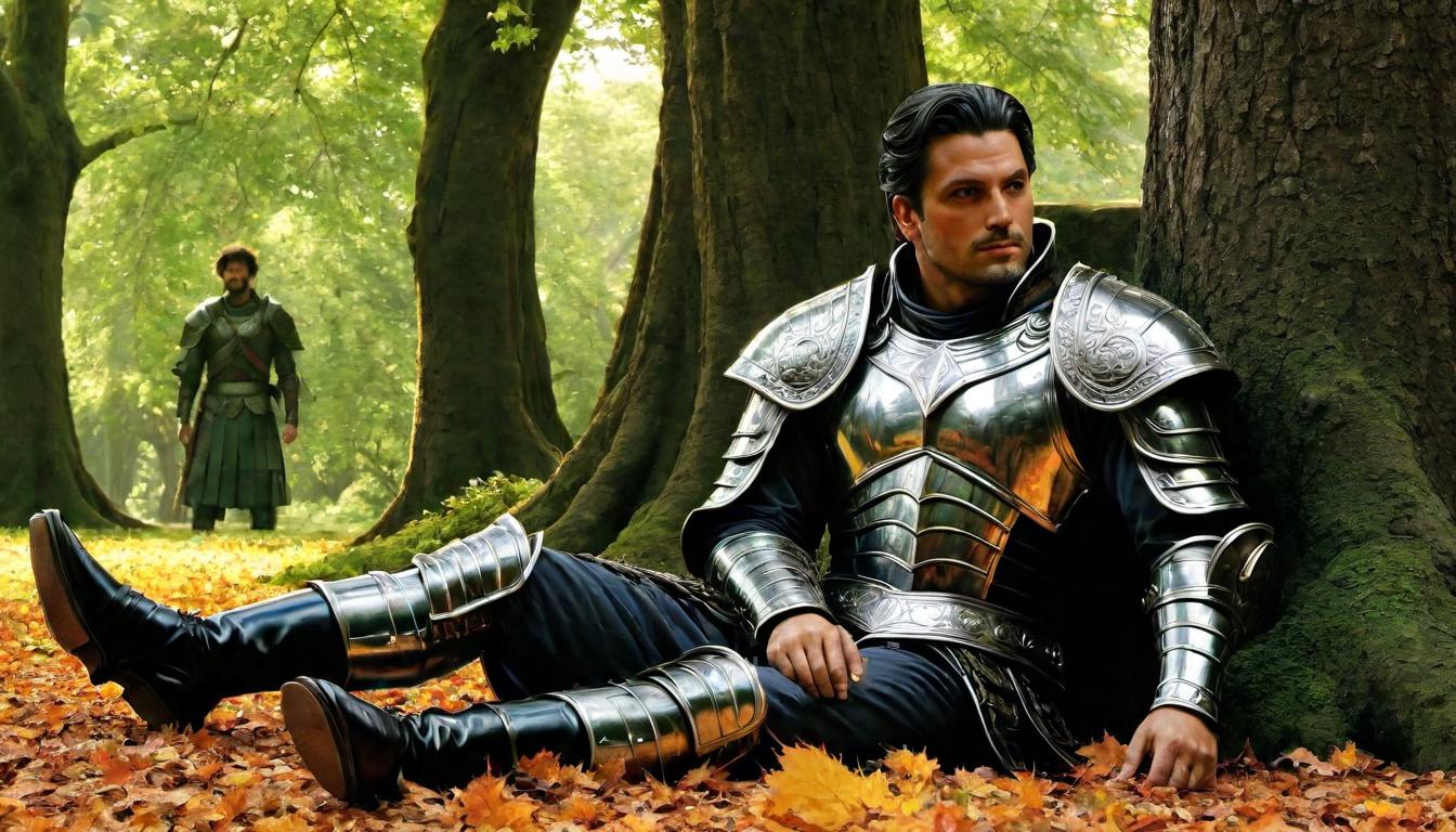  （surrealism)A powerful warrior, armor cast aside, resting under a tree, hands behind head, serene expression, dappled sunlight filtering through leaves, understanding, respite mystic, intricate details, best quality)