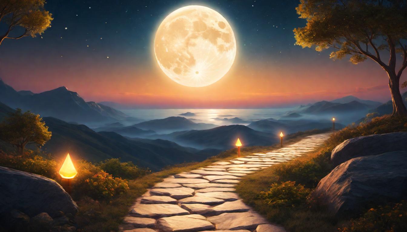  digital illustration, A path lit by glowing stones leading towards a horizon where the sun meets the moon, guiding light, legacy for future, illuminated journey, looking at viewer, dynamic pose, (intricate details, masterpiece, best quality)