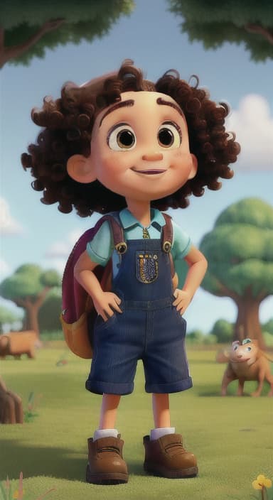  {Riley looking up at the tree with a big smile, animals surrounding them., Riley, a curious with big brown eyes and curly hair, wearing overalls and carrying a small backpack. Their friend, Skye, a bluebird with shiny feathers.