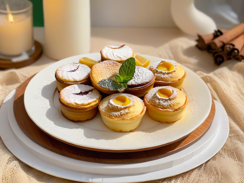  An image of a beautifully arranged plate of Pasteis de Belem, showcasing the golden, flaky crust dusted with powdered sugar, revealing the creamy custard filling inside. The plate is set on a rustic wooden table, with a few scattered cinnamon sticks and a sprig of fresh mint as garnish. The soft natural light from a nearby window highlights the textures and colors of the pastries, creating a warm and inviting atmosphere. hyperrealistic, full body, detailed clothing, highly detailed, cinematic lighting, stunningly beautiful, intricate, sharp focus, f/1. 8, 85mm, (centered image composition), (professionally color graded), ((bright soft diffused light)), volumetric fog, trending on instagram, trending on tumblr, HDR 4K, 8K