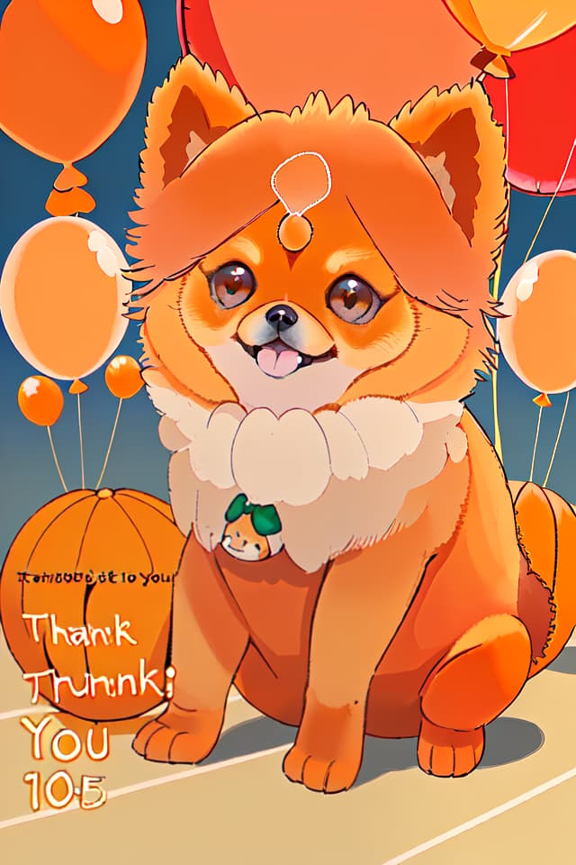  ((Orange Pomeranian)) ((thank you text:1.5,number 1000 text:1.5.balloon🎈)),best quality:1.4,masterpiece:1.4,super fine textures,RAW photo realistic,ridiculous resolution,8K illustration