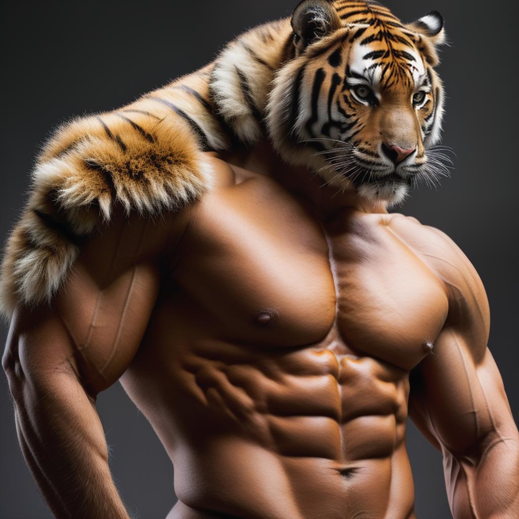  muscular human like tiger , body covered with fur , very muscular , detailed , realistic