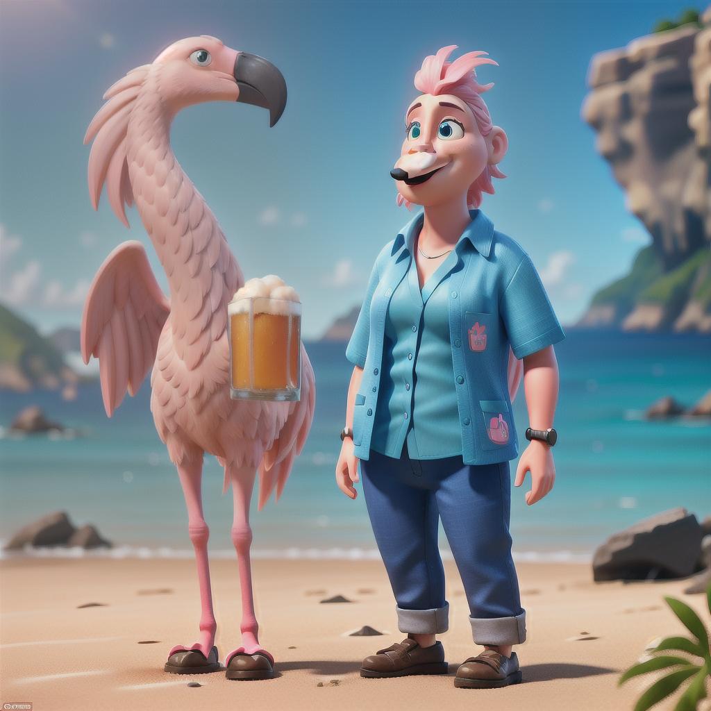  A flamingo drinking a beer on a beach while wearing a blue Hawaiian shirt hyperrealistic, full body, detailed clothing, highly detailed, cinematic lighting, stunningly beautiful, intricate, sharp focus, f/1. 8, 85mm, (centered image composition), (professionally color graded), ((bright soft diffused light)), volumetric fog, trending on instagram, trending on tumblr, HDR 4K, 8K