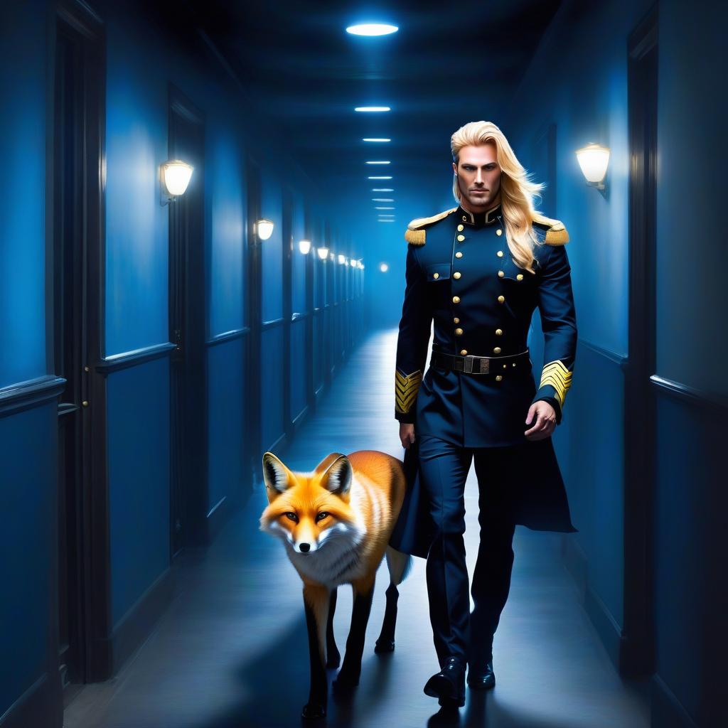  Realistically, a beautiful Man blond, A man with fox ears, long hair, a man with yellow eyes, and a man wearing black military clothing walks down a hallway lit by blue spotlights, a clear focus, sharp defined eyes, well drawn details, bright eyes, a beautiful portrait illustration, a portrait in a fantasy style, blue and white flashes, bright colors, bright eyes, fantastic art, intricate design, super detailed, sharp focus, 8k, high resolution, elegant, hyperrealistic, full body, detailed clothing, highly detailed, cinematic lighting, stunningly beautiful, intricate, sharp focus, f/1. 8, 85mm, (centered image composition), (professionally color graded), ((bright soft diffused light)), volumetric fog, trending on instagram, trending on tumblr, HDR 4K, 8K