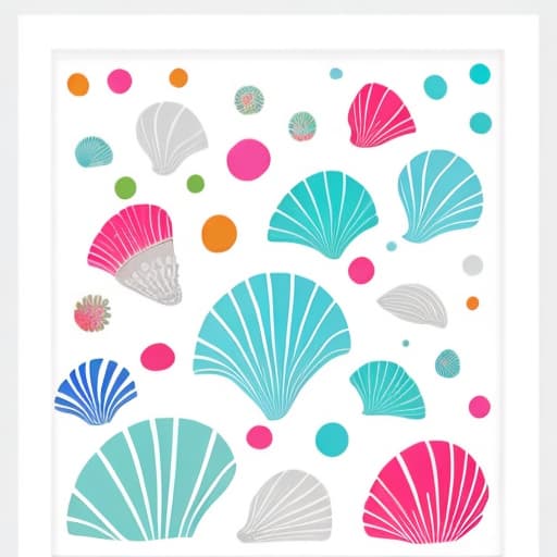  this is a minimalistic shapes original art print of cute seashells among flowers. vibrant colors