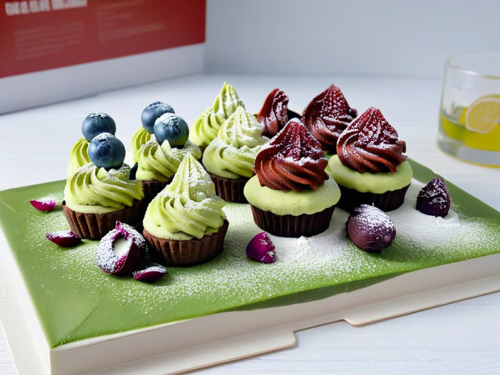  A highresolution, minimalist image of a beautifully arranged vegan dessert platter featuring innovative ingredients such as avocado chocolate mousse, beetroot red velvet cupcakes, and matcha green tea cookies. The desserts are elegantly garnished with edible flowers, berries, and a dusting of powdered sugar, all displayed on a sleek, modern serving platter against a clean, white background. hyperrealistic, full body, detailed clothing, highly detailed, cinematic lighting, stunningly beautiful, intricate, sharp focus, f/1. 8, 85mm, (centered image composition), (professionally color graded), ((bright soft diffused light)), volumetric fog, trending on instagram, trending on tumblr, HDR 4K, 8K